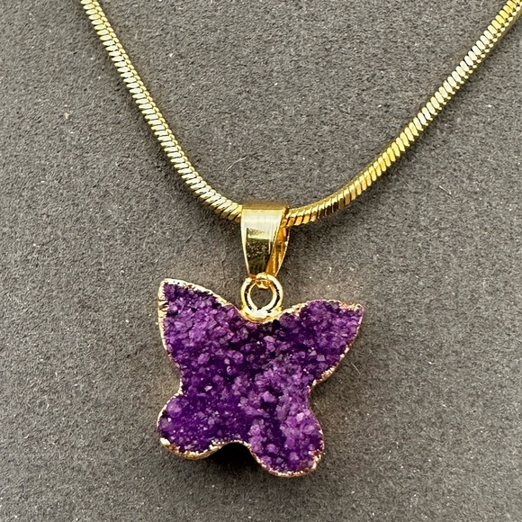 B.Rising Jewelry - Purple Druzy Butterfly Pendant Necklace on Gold Stainless Steel Snake Chain